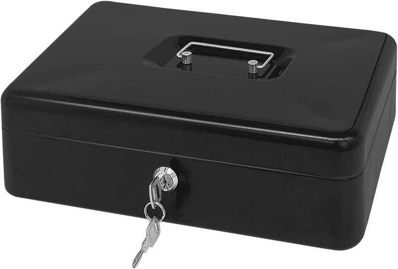 PACOLO Steel Cash Box with Key Lock, Metal Small Money Organizer with Money Tray,Cash Storage Box with Lockable Cover (Black - 12 inch) - Image 1